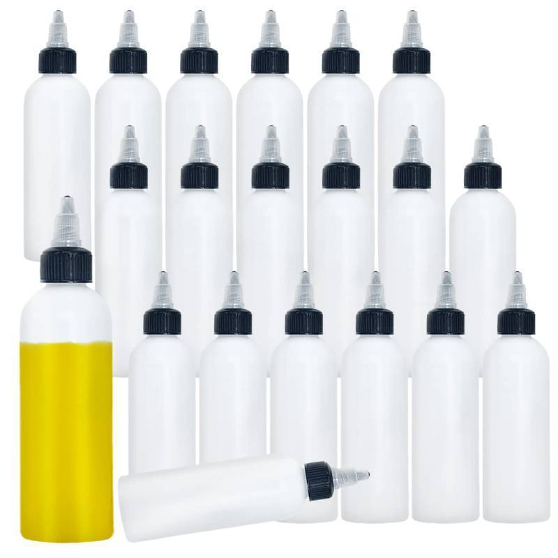 lot 51008 image: Meirrnyyu 20 Pcs 4 Oz Plastic Squeeze Condiment Bottles with Twist-on Cap Lids,Sauce Bottle with Squeeze Top,Squirt Condiment Bottles for Ketchup,Mustard,Olive Oil and More - Retail $9