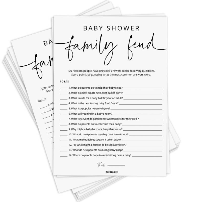 lot 58140 image: GardenCity Baby Shower Games - 50 Baby Shower Family Feud Game Cards, Boy or Girl, Gender Neutral, Minimalist - Retail $10