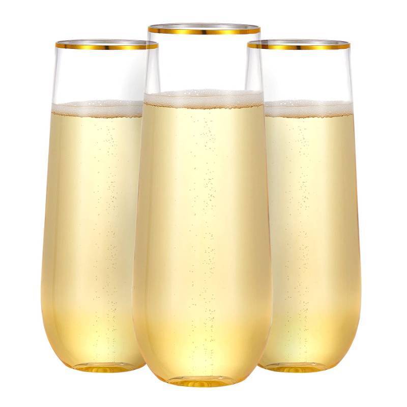 lot 51051 image: N9R 36PCS Plastic Champagne Flutes, 9 Oz Stemless Disposable Gold Rim Toasting Glasses, Crystal Clear Cocktail Cups Drinkware Shatterproof Ideal for Party Wedding Birthday - Retail $26