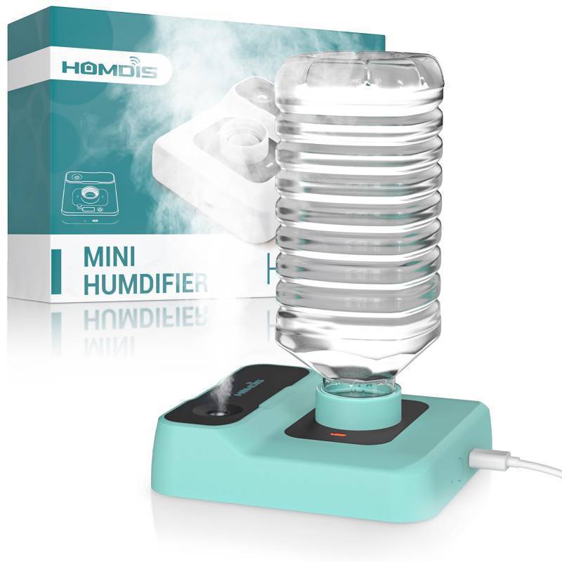 lot 49385 image: HOMDIS Portable Humidifiers for Travel, Small Mini Humidifier with Auto Shut-Off, Nightlight and Storage Bag for Hotel, Bedroom or Office, Plant Humidifier Indoor, Green - Retail $20