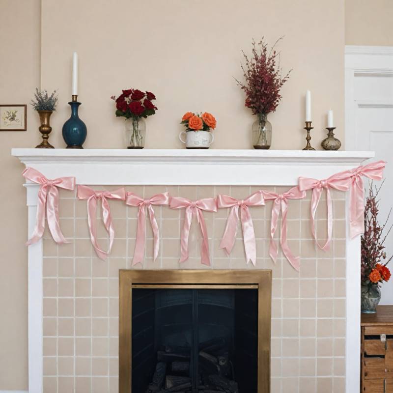 lot 51293 image: Bow Garland Decor for Bachelorette Party Decorations, Pink Satin Ribbon Coquette Table Birthday Party Garland, Bow Decor Banner for Bridal Shower, Wedding Favors, Birthday, Engagement Supplies