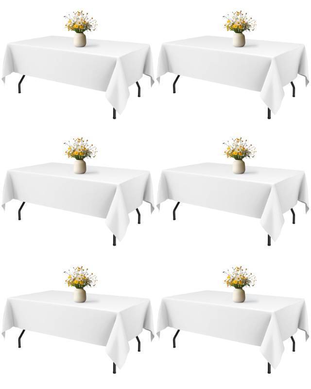 lot 43668 image: Niuara White Rectangle Table Cloth - 6 Pack, 60 x 84 Washable Polyester Tablecloth for 5FT Tables, Wrinkle-Resistant Table Cover for Weddings & Parties - Retail $25