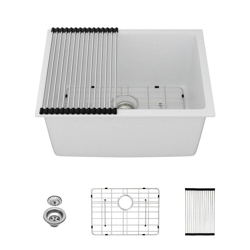 lot 5063 image: Kichae 24 Laundry Room Sink - 24x18x12 White Granite Composite Undermount Laundry Utility Sink White Quartz 12 Deep Under Counter Single Bowl Sink Basin - Retail $299