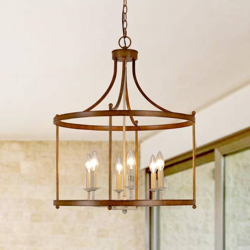 lot 5064 image: Homebelife 6-Light Retro Inspired Drum Chandelier, 21 Antique Bronze White Country Rustic Farmhouse Pendant Lighting Fixture for Kitchen Island, Dining & Living Room (Retro Bronze) - Retail $171
