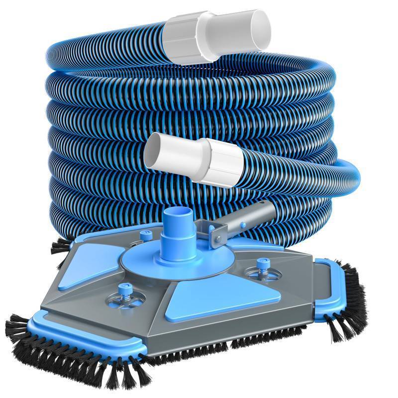 lot 5055 image: UIRWAY Upgrade Pool Vacuum Head with Side Brush & 360° Swivel Cuff, Heavy Duty Manual Kink-Resistant 1-12 x 30 Ft Vacuum Hoses, Weighted Triangular Shape for Inground & Above Ground Pool(No Pole) - Retail $69