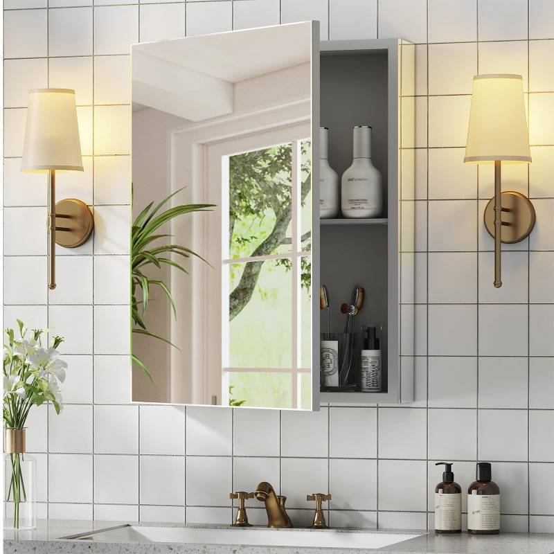 lot 5060 image: BROBIG 14 x 18 Medicine Cabinet Mirror, Moisture-Proof Aluminum Bathroom Medicine Cabinet with Mirror, Bathroom Mirror Cabinet with Adjustable Shelves, DTC Hinges, RecessedSurface-Mounted - Retail $80