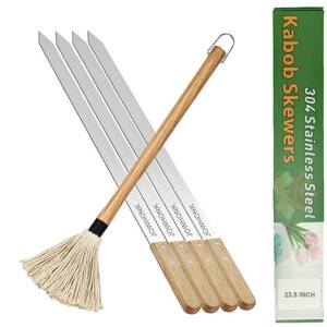 lot 5010 image: JOWHONK 23.5 Long Skewers for Grilling,1 Inch Wide,304 Stainless Steel Skewer for Kabobs with Wood Handle,Heavy-Duty Metal Flat Barbecue Skewer Set Includes 4PCS BBQ Skewers,1PCS BBQ Mop Brush - Retail $31