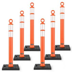 lot 5011 image: BATTIFE 6 Pack 42 Inch Orange Traffic Delineator Posts with Reflective Collars and Base, Safety Cones for Construction Zones and Driving Practice - Retail $108