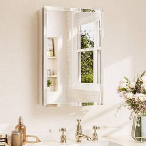 lot 5012 image: TETOTE 16 x 24 Bathroom Mirror with Storage with Tempered Beveled Mirror Silver Medicine Cabinet Aluminum Cabinet DTC Hinges, Stepless Adjustable Shelves, RecessedSurface-Mounted - Retail $85