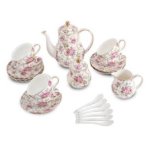 lot 5037 image: Agyiuns Porcelain Tea Sets tea cups and saucers set of 6 with Sugar and Creamer Set & Teapot,teapot set for Adults (White with flower) - Retail $96
