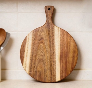 lot 5067 image: Round Acacia Wood Cutting Board with Handle - Retail $18