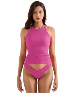lot 4008 image: SUUKSESS Women Padded Cotton Ribbed Tank Tops Sleeveless High Neck Racerback Basic Tops(Rose Red, XL) - Retail $19