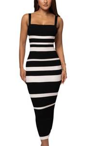 lot 4014 image: RomMoon Womens Casual Spring Summer Striped Midi Dress Ribbed Knit Sleeveless Bodycon Sweater Dresses Black Small - Retail $30