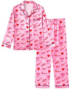 lot 4028 image: Sylfairy Girls Pajamas Silk Satin Valentines Pjs Set Long Sleeve Button Down Heart Sleepwear Loungewear Sets for Big Kids 2-Piece PJ Set Size 11-12 Pink Heart Bow - Retail $15