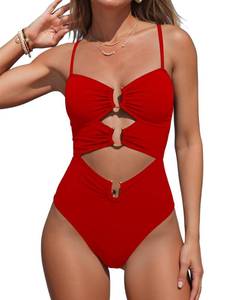 lot 4037 image: Fanuerg Women One Piece Swimsuit Ring Linked Swim Bathing Suit Sexy Cut Out Monokini Swimwear Red M
