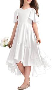 lot 4079 image: Girls Ruffle Dresses Casual A Line V Neck Short Sleeve Flowy High Low Long Maxi Junior Bridesmaid Party Dress White 12-14Y - Retail $38