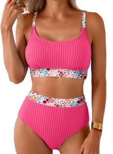 lot 4100 image: Herseas Womens Textured Bikini Sets Floral Trim Scoop Two Piece Swimsuits High Waisted Moderate Coverage Bathing Suit Trendy 2026 Pink Swimming Pool Outfits Medium - Retail $27