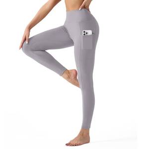 lot 4136 image: High Waisted Leggings for Women with Pockets - Tummy Control Yoga Pants for Workout Running Athletic No See Through Light Grey L-XL&nbsp
