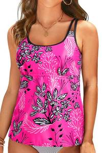 lot 4140 image: Women Swim Tankini Top Only - Tummy Control Bathing Suit Top Double Strap Swimwear Top Loose Fit 2025 Pink Floral XL - Retail $27