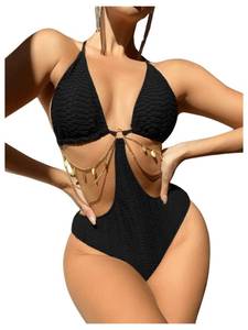 lot 4143 image: OYOANGLE Womens Swimsuits 2 Piece Triangle Halter Thong Bikini Set Striped Tape High Cut Bathing Suits Black Large - Retail $34