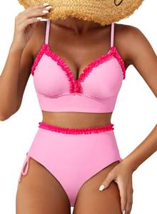 lot 4153 image: Herseas Womens Splice Ruffle Trim Bikini Sets V Neck Push Up Swimsuits Tie Side Ruched High Waisted Bathing Suits Pink Color Block Cruise Essentials 2026 Summer Small - Retail $30