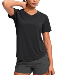 lot 4168 image: Womens Workout Shirts V-Neck Short Sleeve UPF 50 Sun Shirt Moisture Wicking Dry Fit Top for Gym, Running, Athletic (Black, XXL) - Retail $15
