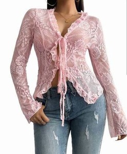 lot 4181 image: Pink Lace Sheer Top with Tie Front Size Large  - Retail $15