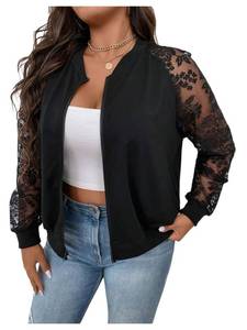 lot 4207 image: WDIRARA Womens Plus Size Lace Zip Up Bomber Jacket Mesh Long Sleeve Outerwear Black XX-Large Plus - Retail $28