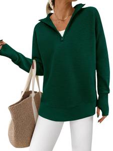 lot 4210 image: PRETTYGARDEN Womens Long Sleeve Quarter Zip Pullover Sweater Casual Loose V Neck Collared Ribbed Knit Jumper Tops Thumb Hole(Dark Green,XX-Large) - Retail $37