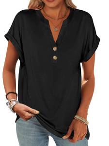 lot 4247 image: ANRABESS Womens Short Sleeve Henley Tops V Neck Dressy Casual Blouses Summer Trendy Tee Shirts 2025 Vacation Fashion Clothes Black XL - Retail $9
