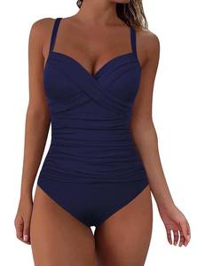lot 4248 image: Hilor Swimsuits for Women Ruched Underwire One Piece Bathing Suits Front Twist Tummy Control Swimwear Navy 18 - Retail $40