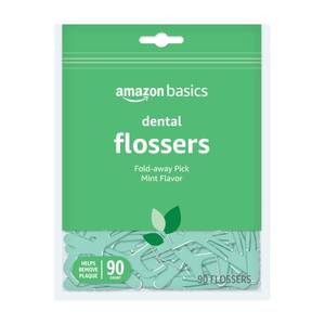 lot 4255 image: Pack of 2 Amazon Basics Mint Dental Flossers, Shred Resistant, Slides Easily Between Teeth, with Fold-Away Pick, 90 Count, 1-Pack (Previously Solimo)&nbsp