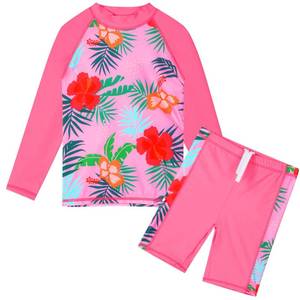 lot 4256 image: TFJH E Long Sleeve Girls Bathing Suits 2PCS Rash Guard Sets UPF 50 Swimsuits 355 Pink Flower 10Y - Retail $18