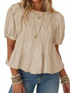 lot 4329 image: Tankaneo Womens Puff Sleeve Peplum Babydoll Tops Summer Flowy Pleated Cotton T-Shirts Casual Loose Fit Cute Blouse Apricot XXL - Retail $30