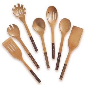 lot 4354 image: Wooden Spoons Set 7-Piece, Two-Tone Walnut & Beech Utensils, Elegant Non-Stick Kitchen Tools, Heat Resistant Cooking Gift Set with Pasta Spoon & Skimmer - Retail $37