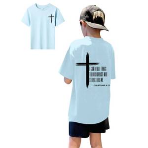 lot 4357 image: KEEVICI Boys Christian Graphic Tees God Jesus Shirts for Kids Cross Faith Bible Verse Inspirational Religious Cotton T Shirt(Light Blue,150) - Retail $15