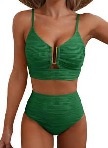 lot 4406 image: Herseas Womens Ribbed Bikini Set Spaghetti Strap U Wire V Neck 2 Piece Swimsuits High Waist Crisscross Back Bathing Suit 2026 Beach Fashion Vintage Outfits Dark Green Large - Retail $30