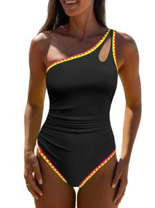 lot 4427 image: popvil One Shoulder One Piece Swimsuits for Women 2025 Slimming Neon Color Block Tummy Control Bathing Suit Cutout Swimwear,Black,Large - Retail $38