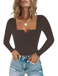 lot 4443 image: Chunpin Womens Square Neck Notch V Neck Bodysuit Long Sleeve Body Suits Double Lined Going Out Outfits Thong Bodysuits Coffee XL - Retail $33