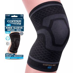 lot 4447 image: Copper Fit Unisex Adult ICE Sleeve, LXL Knit Compression Knee Sleeve Infused with Menthol and CoQ10 for Maximum Recovery, Black, LargeX-Large US - Retail $15