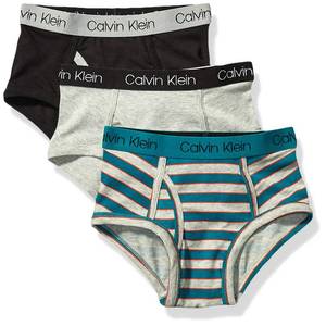 lot 4462 image: Calvin Klein Kids Boys Modern Cotton Brief Underwear 3-Pack, Sea Green StripeHeather GreyBlack, Small - Retail $14