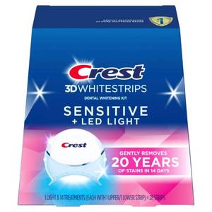 lot 4468 image: Crest 3D Whitestrips Sensitive &amp Gentle  LED Light Teeth Whitening Kit, 1 Light  14 Treatments, Each with 1 Upper1Lower, 28 Strips Crest 3DWhite Teeth Whitening Strips - Retail $40