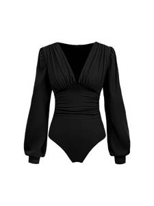 lot 4484 image: CIDER Long Sleeve Body Suits Womens V Neck Bodysuits Ruched Pleated Corset Bodysuit Leotard Trendy Black, M