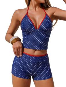lot 4497 image: ZAFUL Womens Tankini Swimsuits V Neck Halter Top with Boyshorts Bottom Tummy Control Two Piece Bathing Suit Navy Blue S - Retail $32