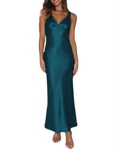 lot 4501 image: Womens Elegant Satin V Neck Backless Sleeveless Maxi Dress Silk Tie Low Back Formal Cocktail Dresses Wedding Guest Teal Large  - Retail $50