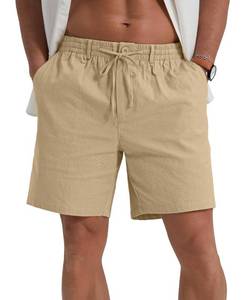 lot 4518 image: Sailwind Mens Linen Casual Shorts Elastic Waist Drawstring Summer Beach Shorts with Pockets Khaki, S - Retail $20