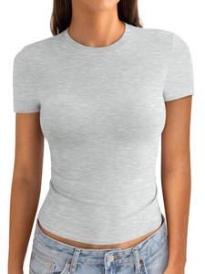 lot 4552 image: EasyGala Womens Cotton Crew Neck Short Sleeve Shirts Summer Top Fashion Y2k Crop Tops Round Neck Basic Slim Fit Going Out Tee Stretchy Trendy Tight Fitted Tops Light Heather Grey S - Retail $13