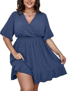 lot 4570 image: SCOMCHIC Womens Plus Size Summer Smocked Dress Short Flutter Sleeve V Neck Swiss Dot Babydoll Ruffle Tiered Mini Dress Blue medium  - Retail $18