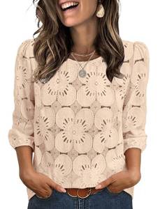 lot 4571 image: Sampeel 34 Length Sleeve Womens Tops Eyelet Short Sleeve Shirts Lightweight Blouses Summer Spring Tops 2026 Fashion Clothing Winter Vacation Outfits Old Money Clothes Apricot M - Retail $19