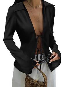 lot 4578 image: Cicy Bell Womens Sexy Tie Front Shirts Deep V Neck Silk Club Tops Long Sleeve Y2k Going Out Blouse Black XL - Retail $20